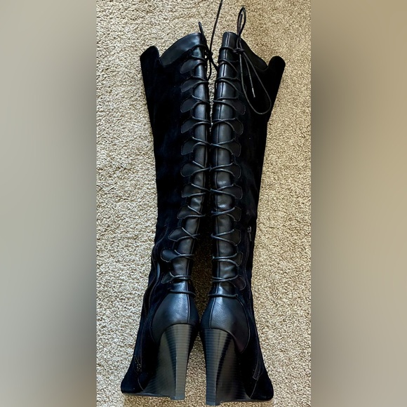 Statement Black Suede Over-the-Knee Lace-Up Wedge Boots | Size 10 - Picture 4 of 7
